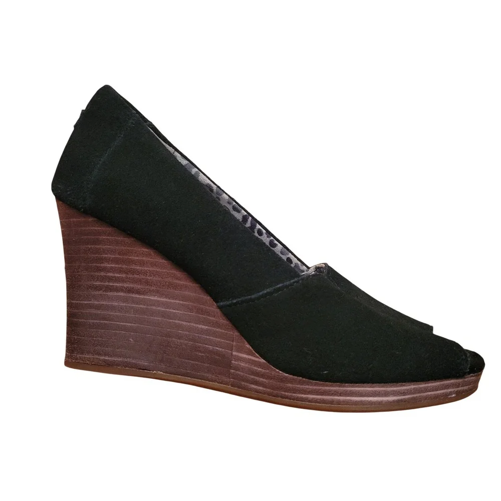 TOMS 7 Black‎ Suede Desert Wedge Peep Toe High Heels Shoes MICHELLE Espadrille